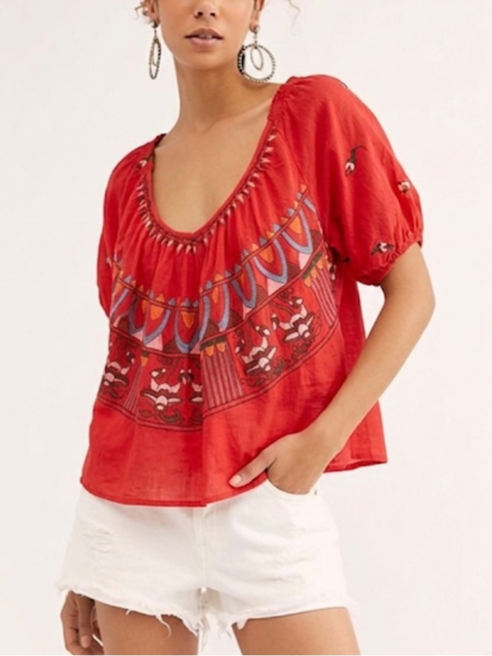 Free People Wind In Her Hair Cotton Embroidered Boho Top